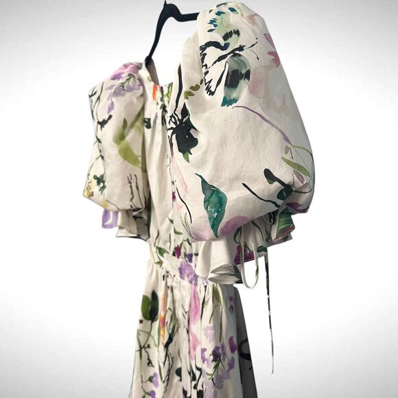 Aje Drift Puff Sleeve Cotton Mini Dress 6 AU 10 White Watercolor Garden Floral - Picture 4 of 14